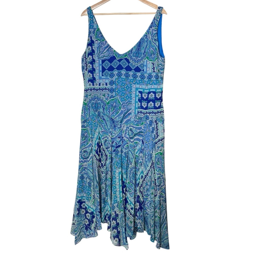 Lauren Ralph Lauren 100% Silk Flutter Hem FIt & Flare Midi Dress Size 14 Blue